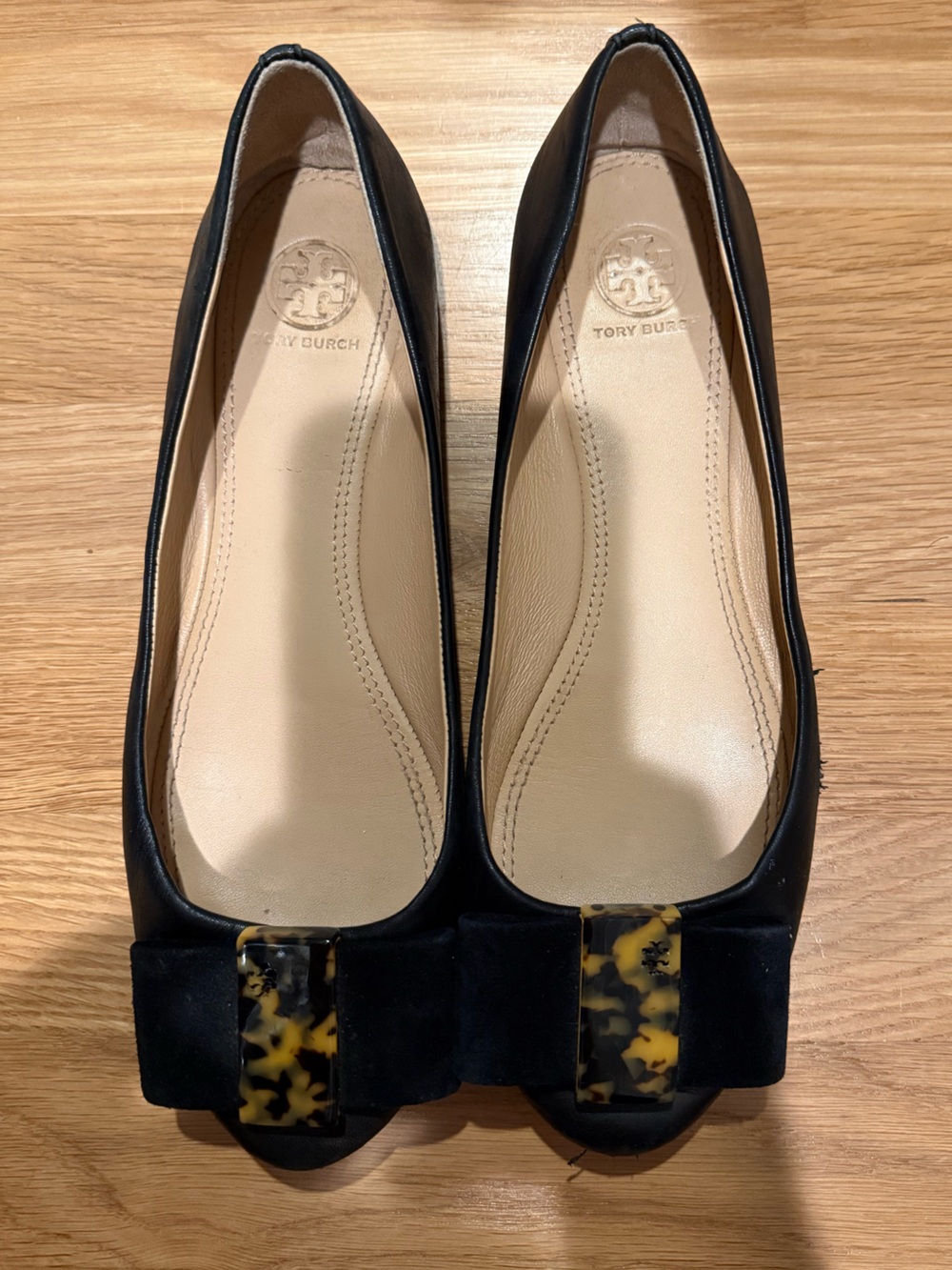 Tory Burch Black Leather Flats with Tortoiseshell Logo Accent